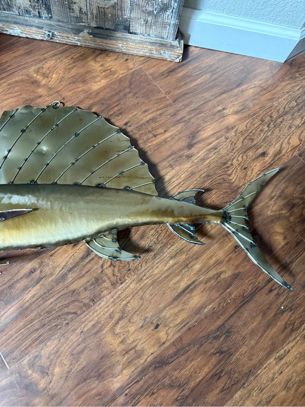 Metal Sailfish Wall Sculpture Brass Color  38 In.  Coastal Folk Art